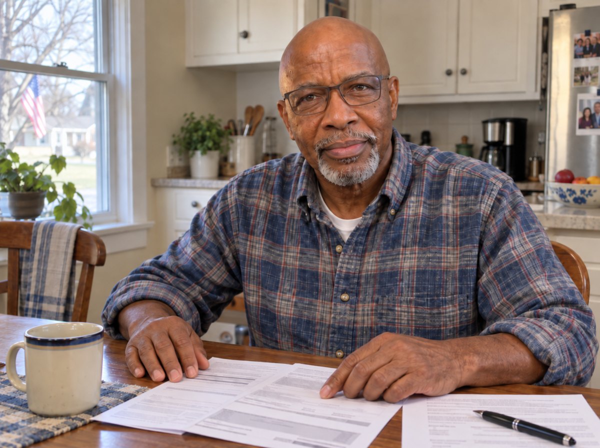 Raymond Grant at his kitchen table with a county tax form
